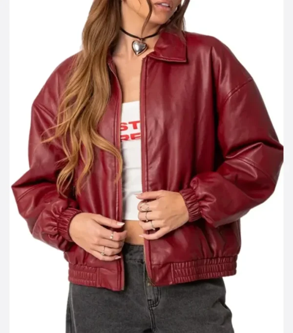 Women Maroon Bomber Leather Jacket Front