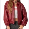 Women Maroon Bomber Leather Jacket Sale
