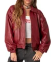 Women Maroon Bomber Leather Jacket Sale