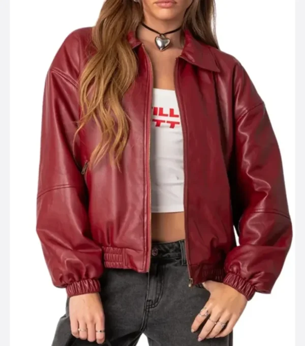 Women Maroon Bomber Leather Jacket Sale