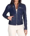 Women Navy Blue Cafe Racer Leather Jacket