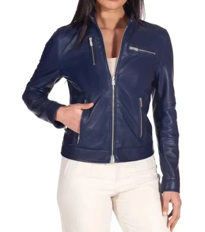 Women Navy Blue Cafe Racer Leather Jacket