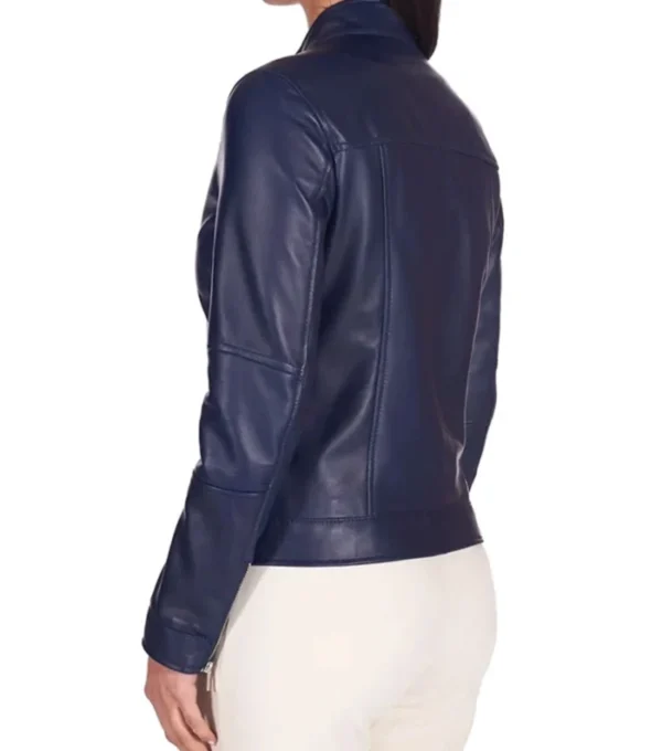Women Navy Blue Cafe Racer Leather Jacket Back Look