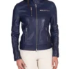 Women Navy Blue Cafe Racer Leather Jacket Front