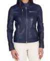 Women Navy Blue Cafe Racer Leather Jacket Front