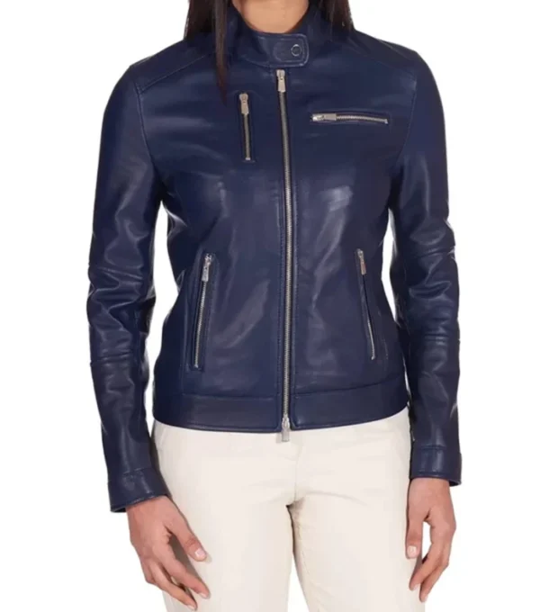Women Navy Blue Cafe Racer Leather Jacket Front