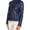 Women Navy Blue Cafe Racer Leather Jacket Side Look