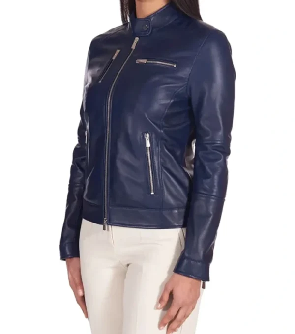 Women Navy Blue Cafe Racer Leather Jacket Side Look