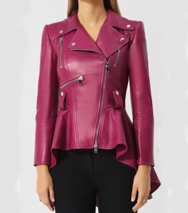 Women Pink Peplum Style Leather Jacket