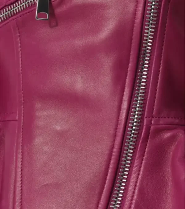 Women Pink Peplum Style Leather Jacket Closer