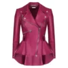 Women Pink Peplum Style Leather Jacket Front