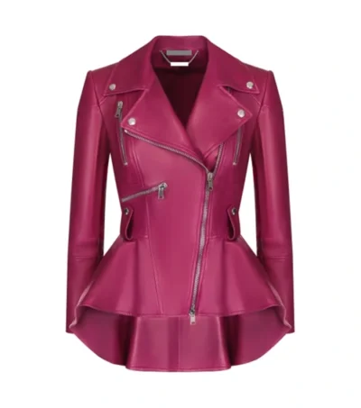 Women Pink Peplum Style Leather Jacket Front