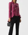 Women Pink Peplum Style Leather Jacket on Sale