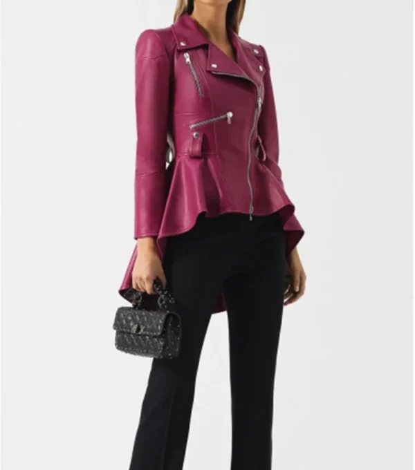 Women Pink Peplum Style Leather Jacket on Sale