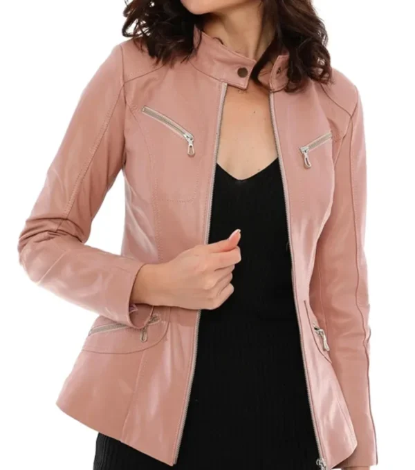 Women Pink Stylish Leather Jacket Front