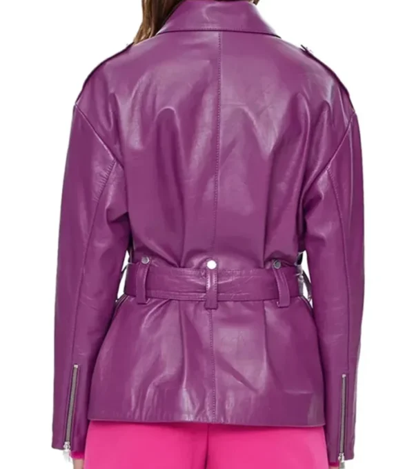 Women Purple Biker Leather Jacket Back