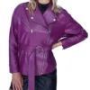 Women Purple Biker Leather Jacket Front