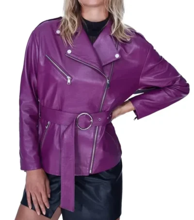 Women Purple Biker Leather Jacket Front