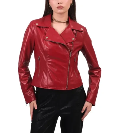 Women Red Biker Style Leather Jacket