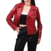 Women Red Biker Style Leather Jacket Front