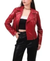 Women Red Biker Style Leather Jacket Front