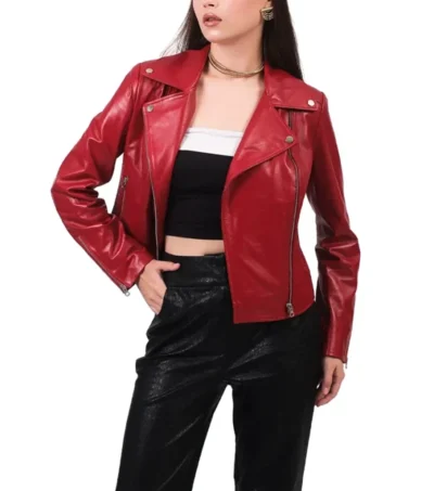 Women Red Biker Style Leather Jacket Front