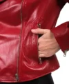 Women Red Biker Style Leather Jacket Pocket