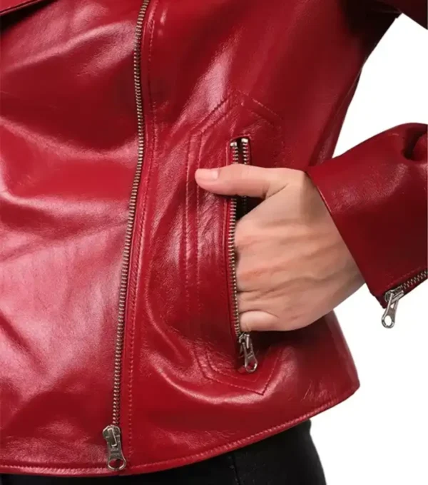 Women Red Biker Style Leather Jacket Pocket