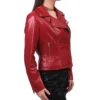 Women Red Biker Style Leather Jacket Side Look