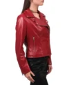 Women Red Biker Style Leather Jacket Side Look