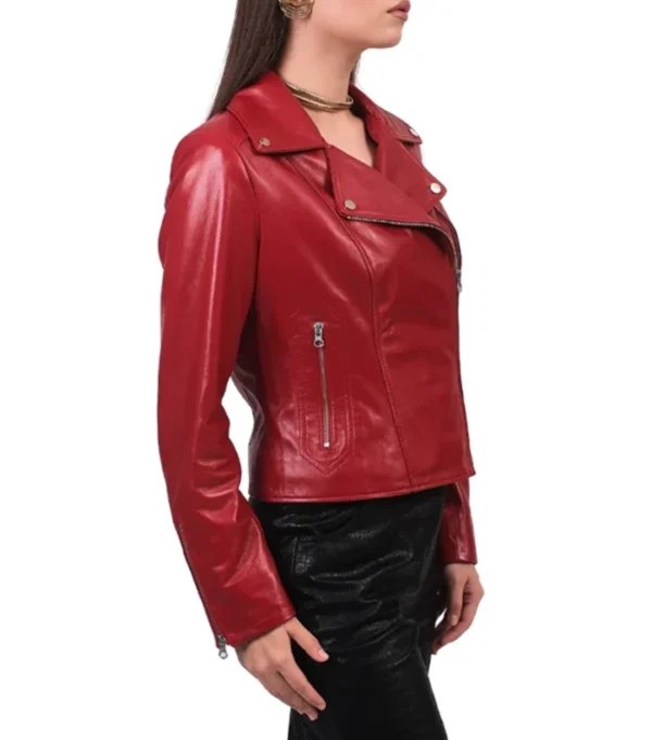 Women Red Biker Style Leather Jacket Side Look