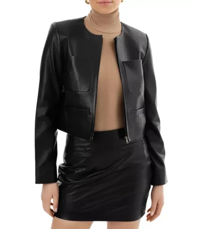 Womens Black Leather Jacket Round Collar
