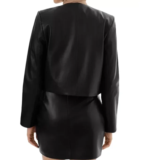 Womens Black Leather Jacket Round Collar Back