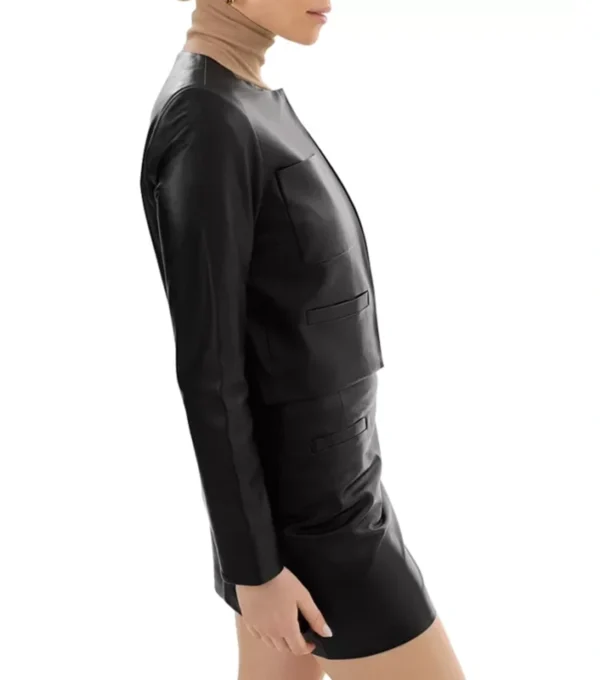 Womens Black Leather Jacket Round Collar On Sale