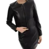 Womens Black Leather Jacket Round Collar Sale