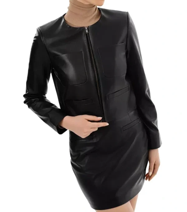 Womens Black Leather Jacket Round Collar Sale