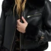 Womens Black Leather Jacket With Fur Trim Closer