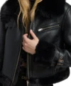 Womens Black Leather Jacket With Fur Trim Closer