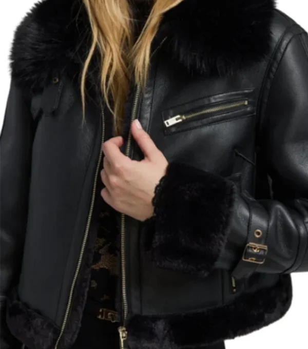 Womens Black Leather Jacket With Fur Trim Closer