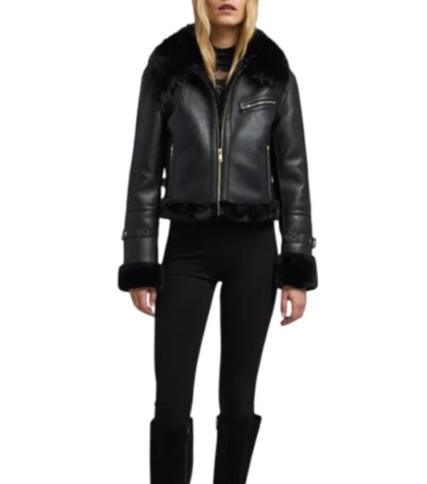 Womens Black Leather Jacket With Fur Trim Front