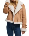Womens Brown Suede Biker Jacket With White Fur