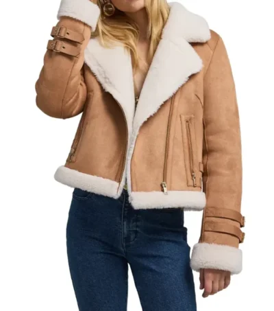 Womens Brown Suede Biker Jacket With White Fur