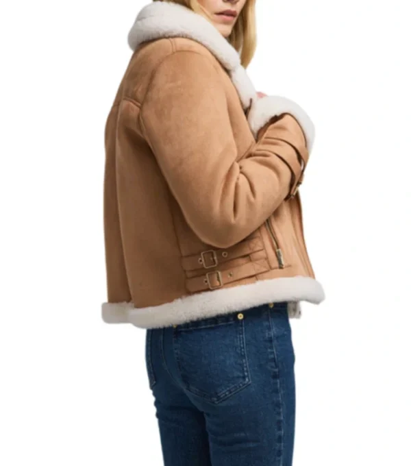 Womens Brown Suede Biker Jacket With White Fur Back