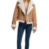Womens Brown Suede Biker Jacket With White Fur Front