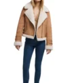 Womens Brown Suede Biker Jacket With White Fur Front