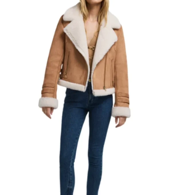 Womens Brown Suede Biker Jacket With White Fur Front