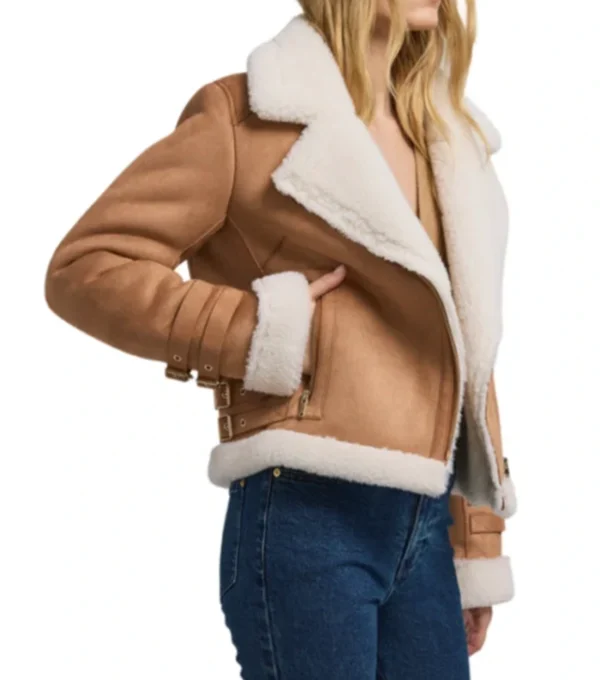 Womens Brown Suede Biker Jacket With White Fur Side Look