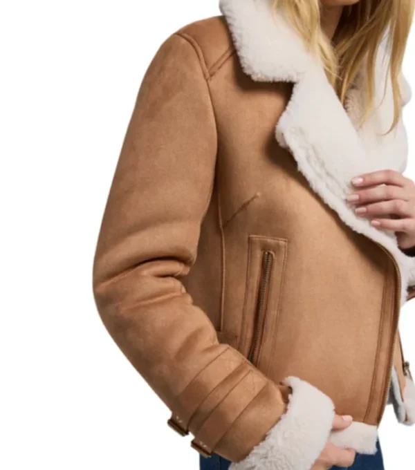 Womens Brown Suede Biker Jacket With White Fur on Sale