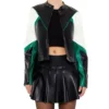 Womens Color Block Leather Jacket Black Green And White