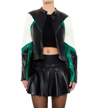 Womens Color Block Leather Jacket Black Green And White